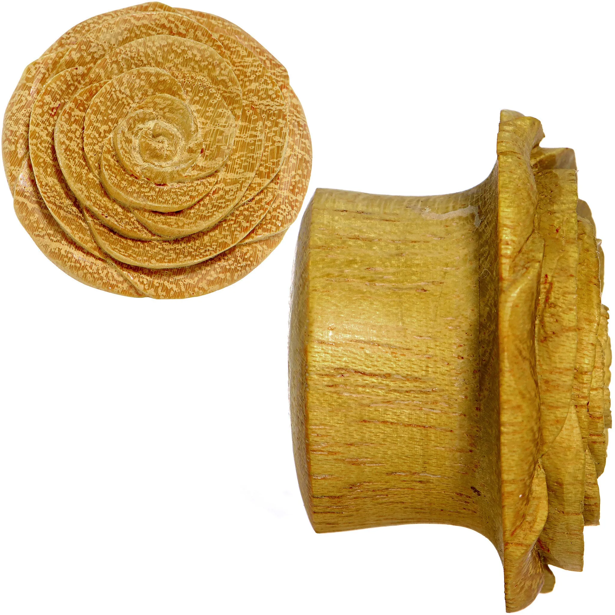 1 inch Organic Jackfruit Wood Yellow Rosebud Hand Carved Plug Set