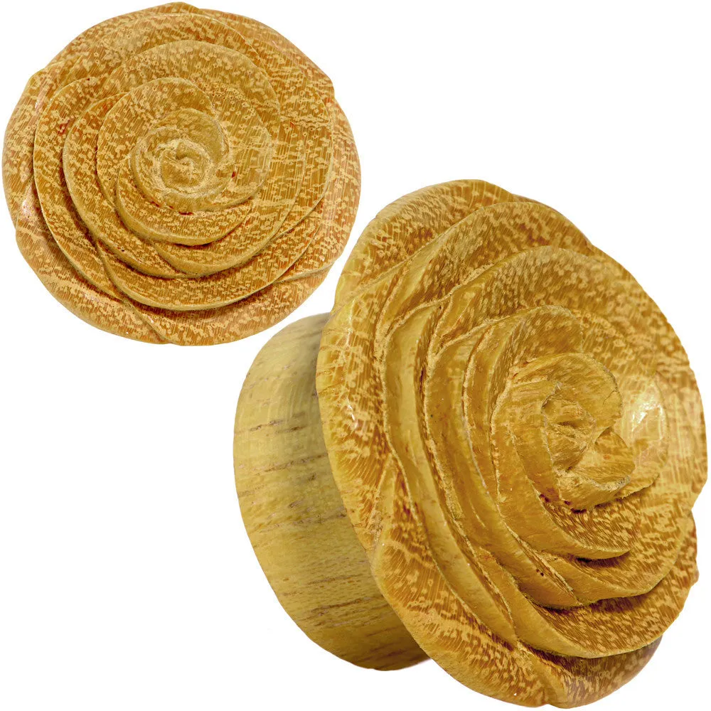 1 inch Organic Jackfruit Wood Yellow Rosebud Hand Carved Plug Set