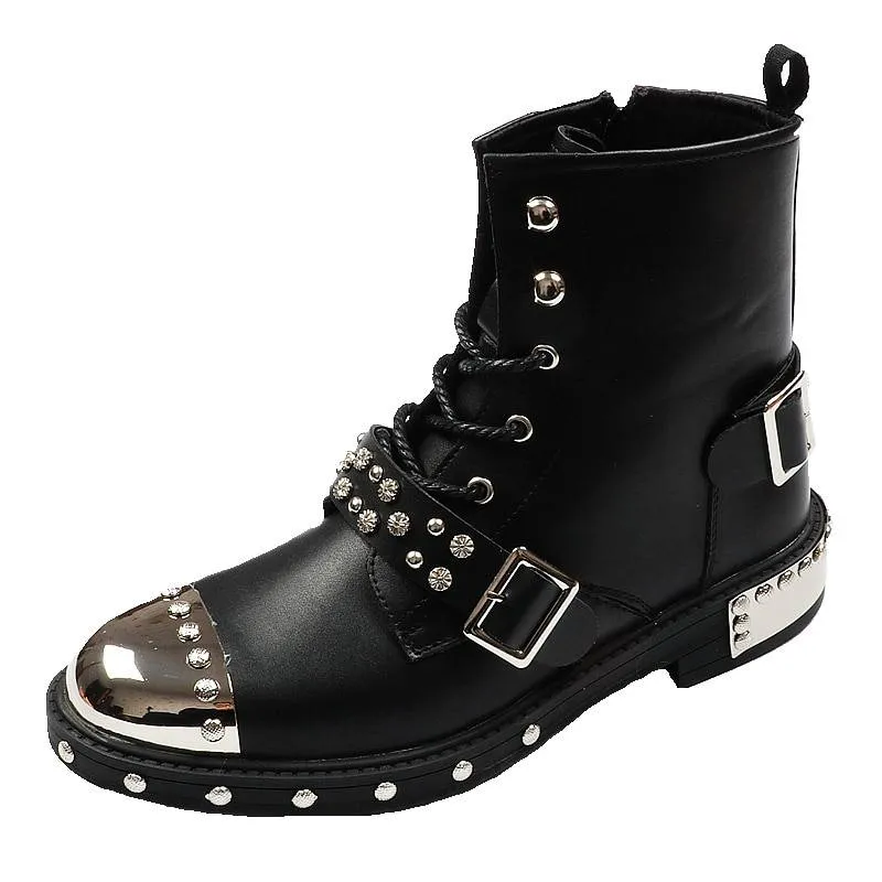 Black Rivets Punk Metal Toe Style Men Boots