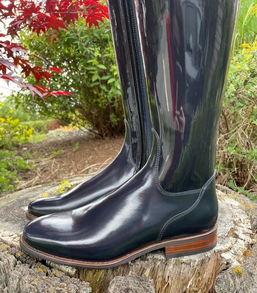 Custom DeNiro Bellini Dressage Boot - Navy Patent with Pearl & Crystal Rondine