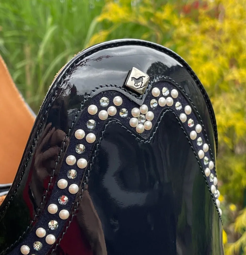 Custom DeNiro Bellini Dressage Boot - Navy Patent with Pearl & Crystal Rondine