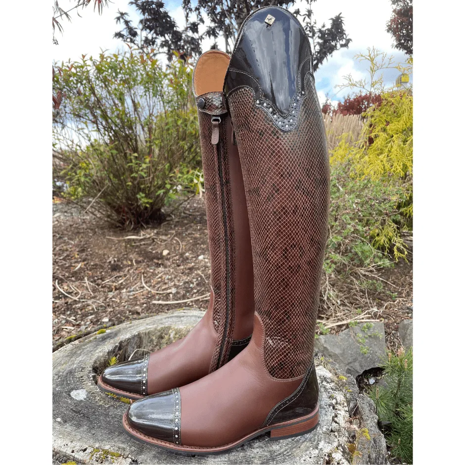 Custom DeNiro Bellini Dressage Boot - Pitone Brown with Brown Patent America Top & Swarovski Toe