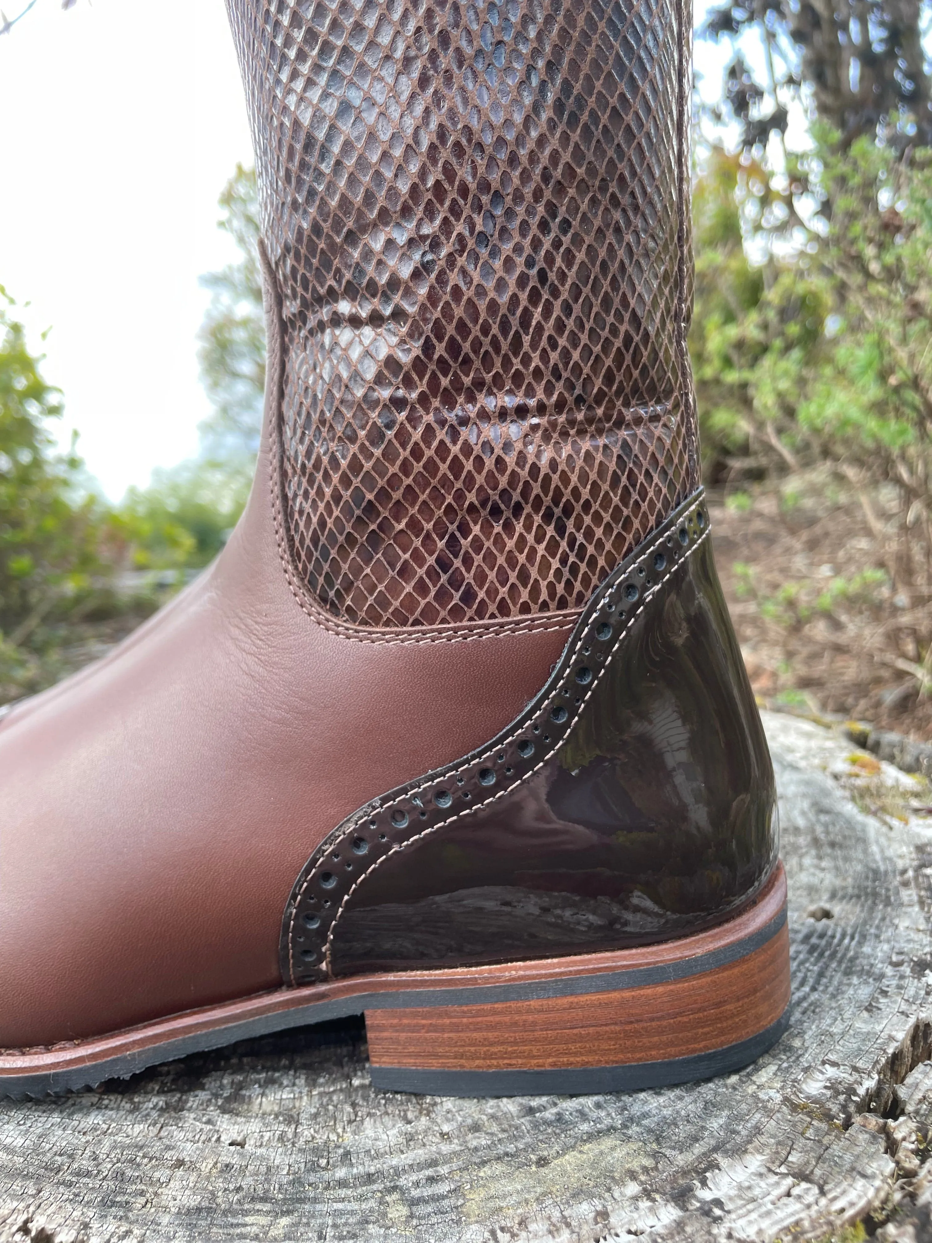 Custom DeNiro Bellini Dressage Boot - Pitone Brown with Brown Patent America Top & Swarovski Toe