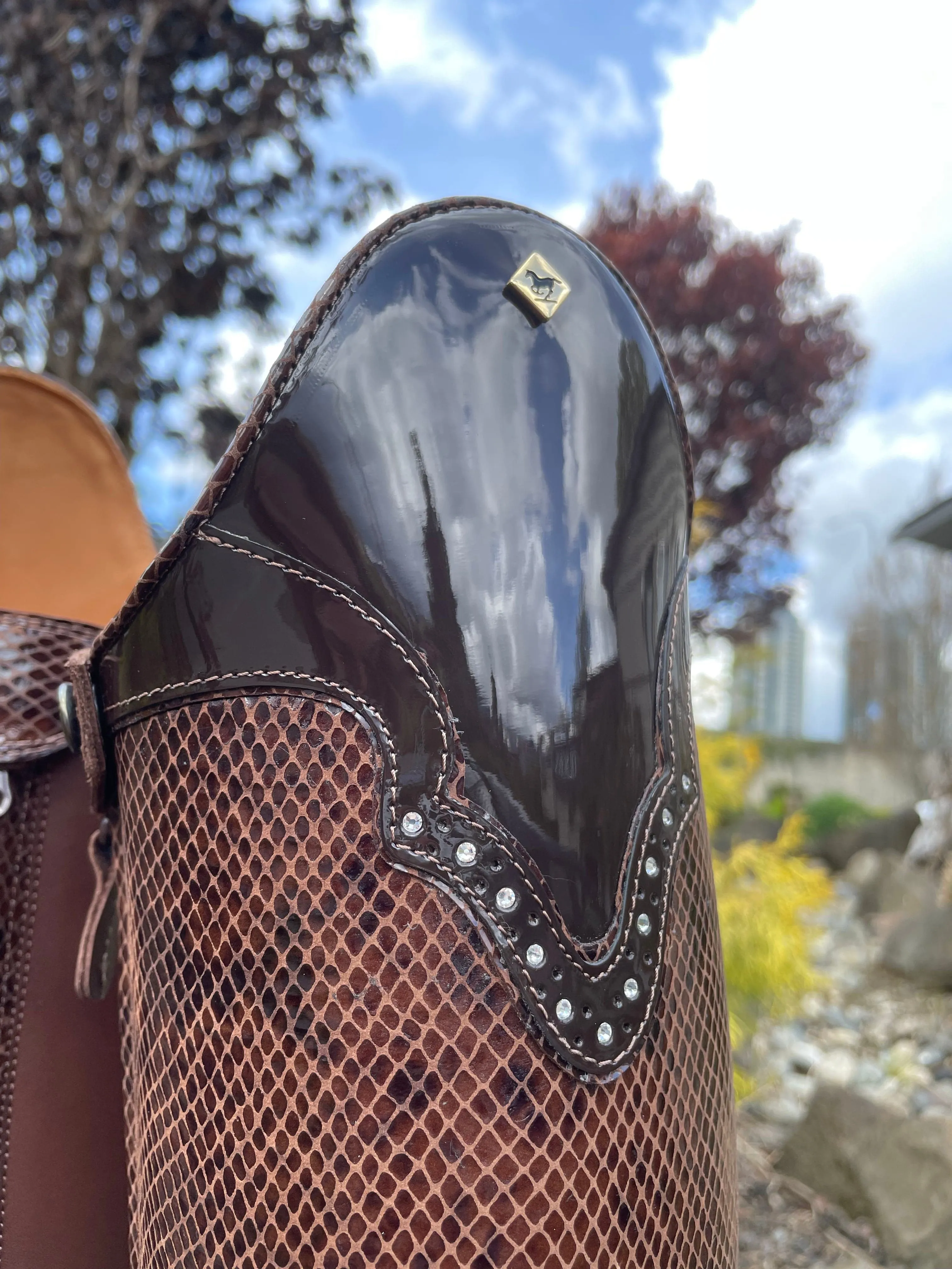 Custom DeNiro Bellini Dressage Boot - Pitone Brown with Brown Patent America Top & Swarovski Toe