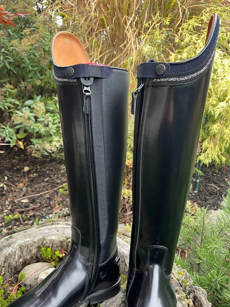 *Custom DeNiro Raffaello Dressage Boot - Brushed Black & Blue Stardust Rondine with Crystals - Comfort Knee & Elastic Stretch Panel