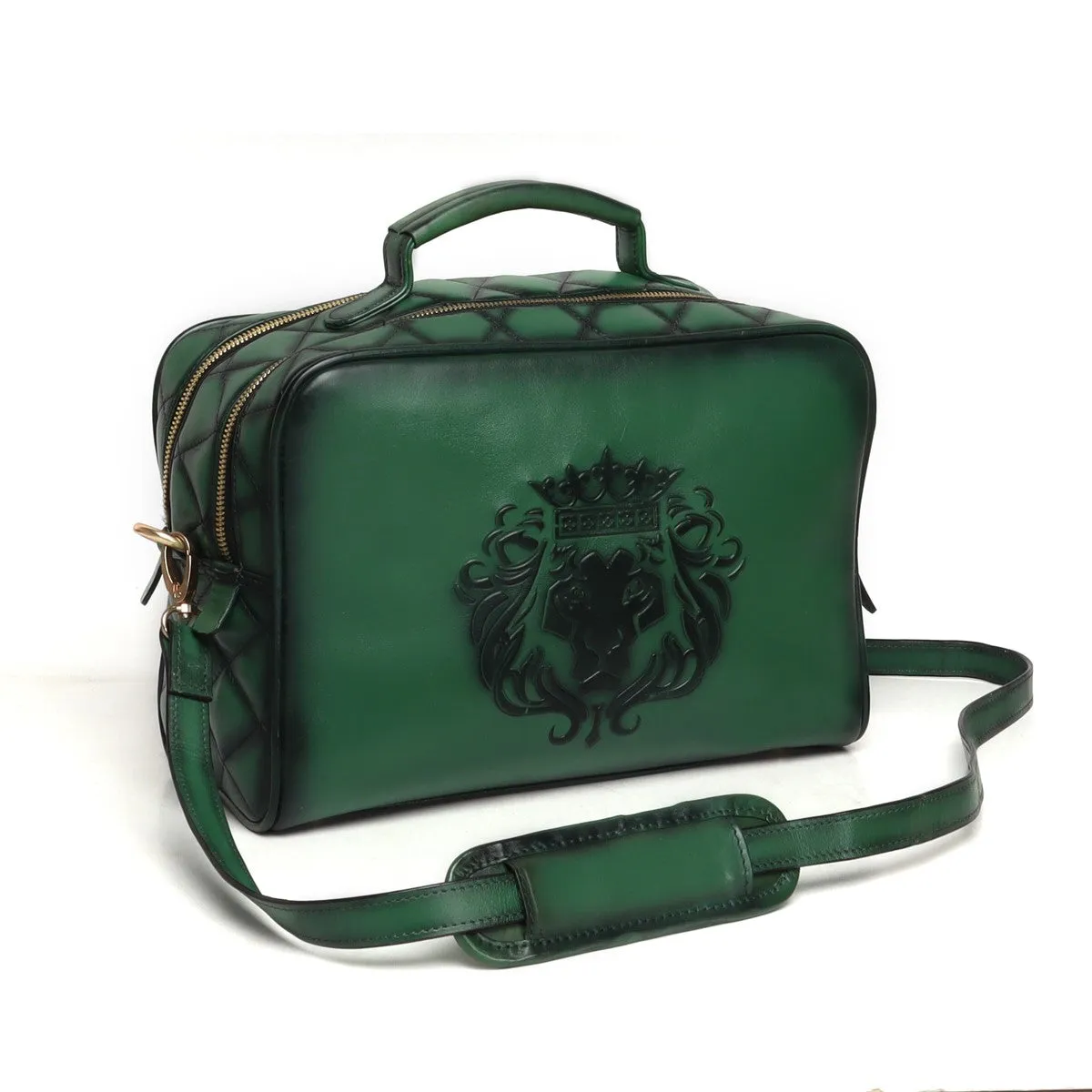 Green Diamond Stitched Leather Kit Bag with Sling Strap by Brune & Bareskin