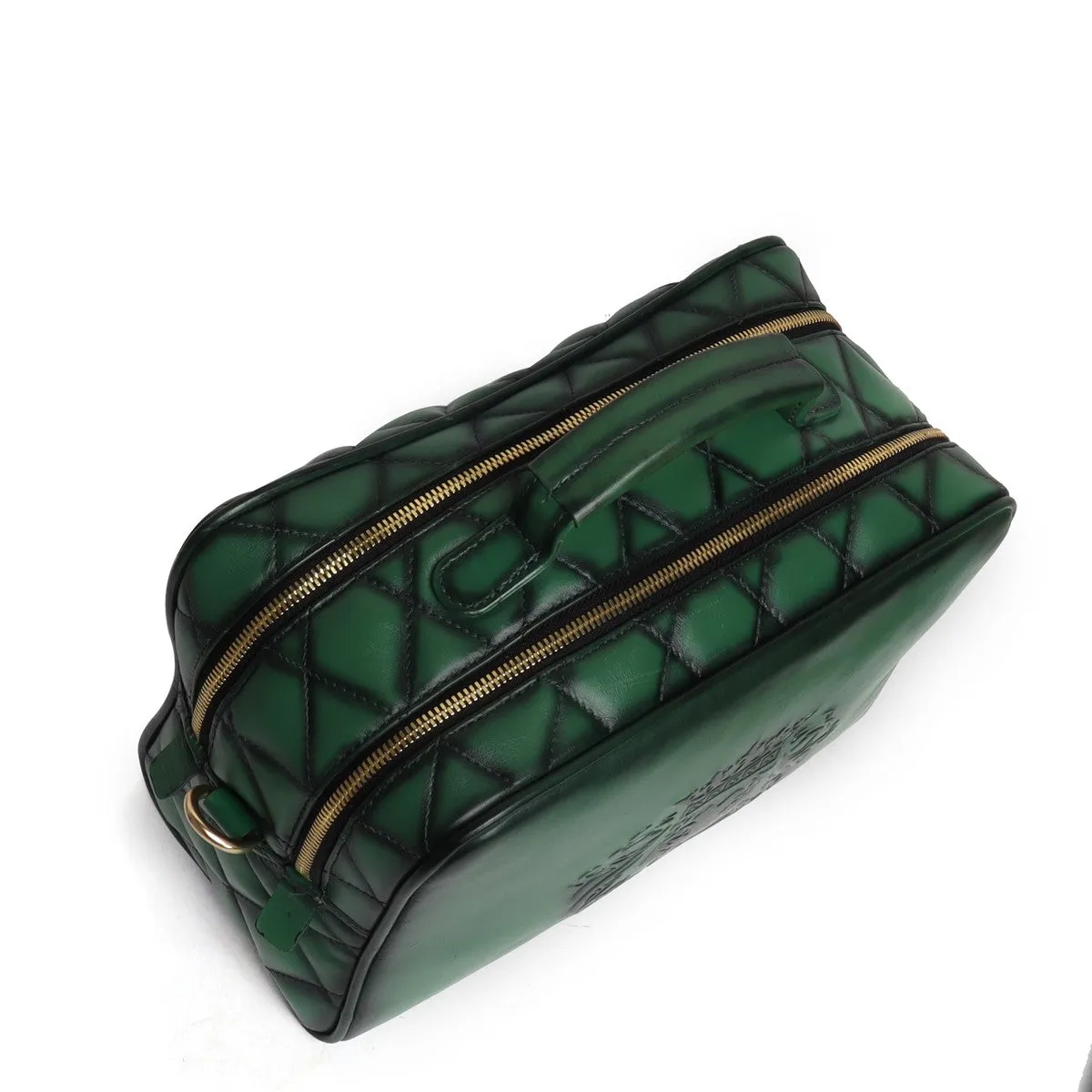 Green Diamond Stitched Leather Kit Bag with Sling Strap by Brune & Bareskin