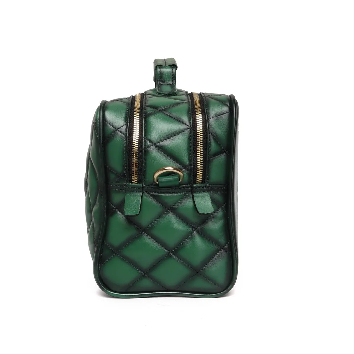 Green Diamond Stitched Leather Kit Bag with Sling Strap by Brune & Bareskin