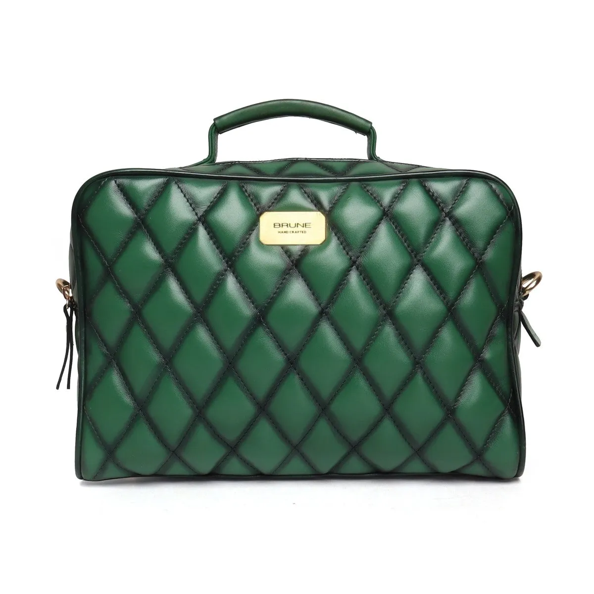 Green Diamond Stitched Leather Kit Bag with Sling Strap by Brune & Bareskin