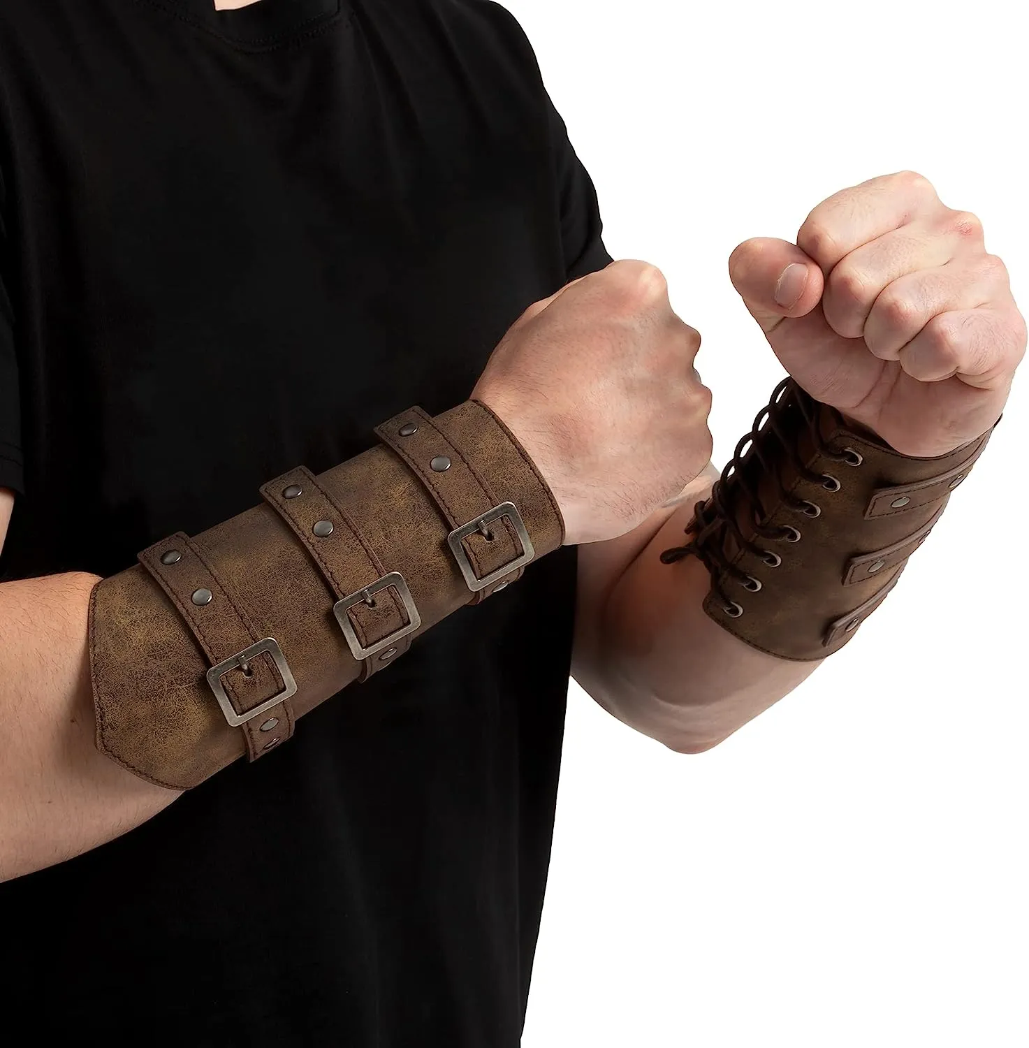 Medieval Belt Leather Buckle Bracers - Adults