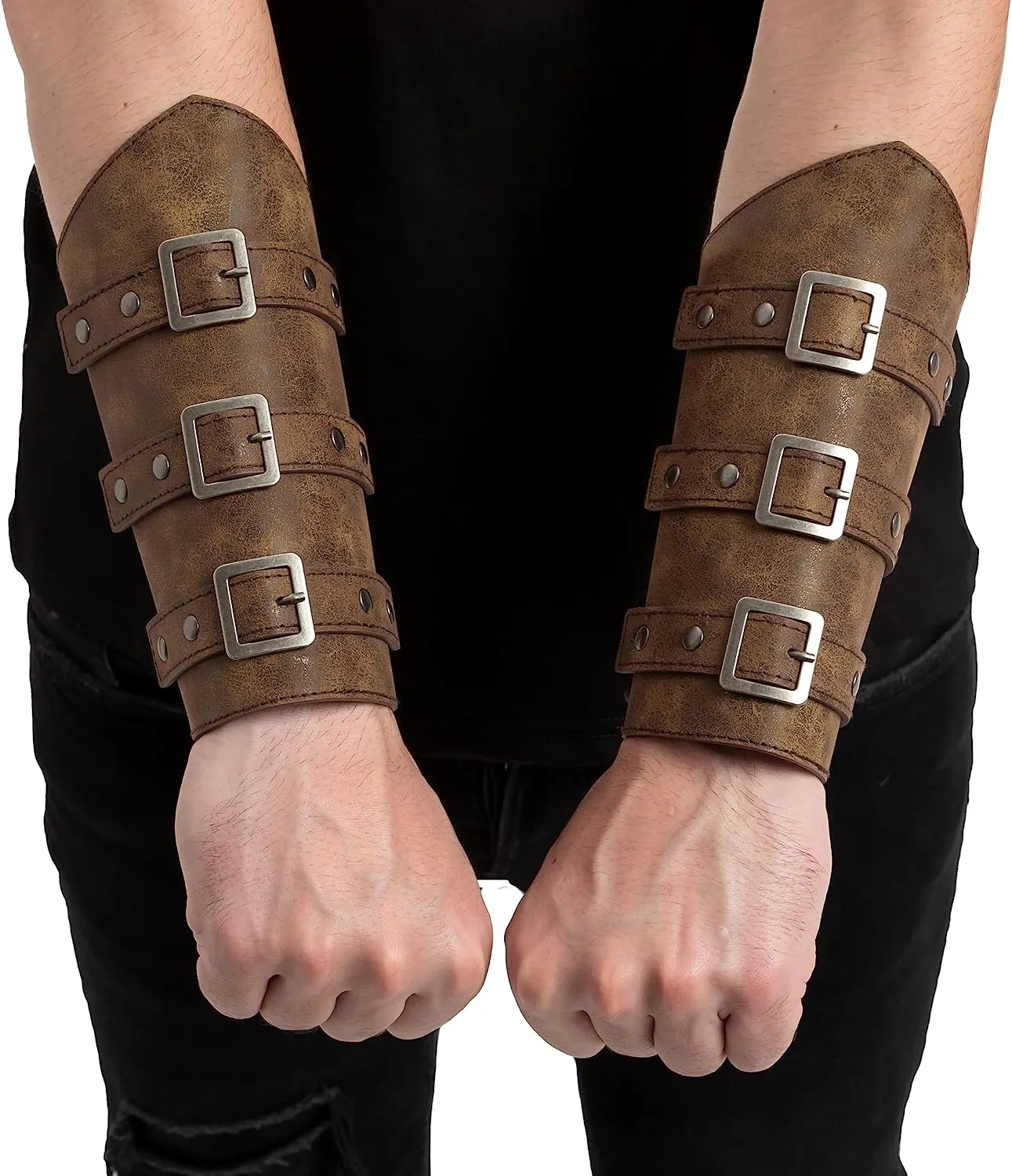 Medieval Belt Leather Buckle Bracers - Adults