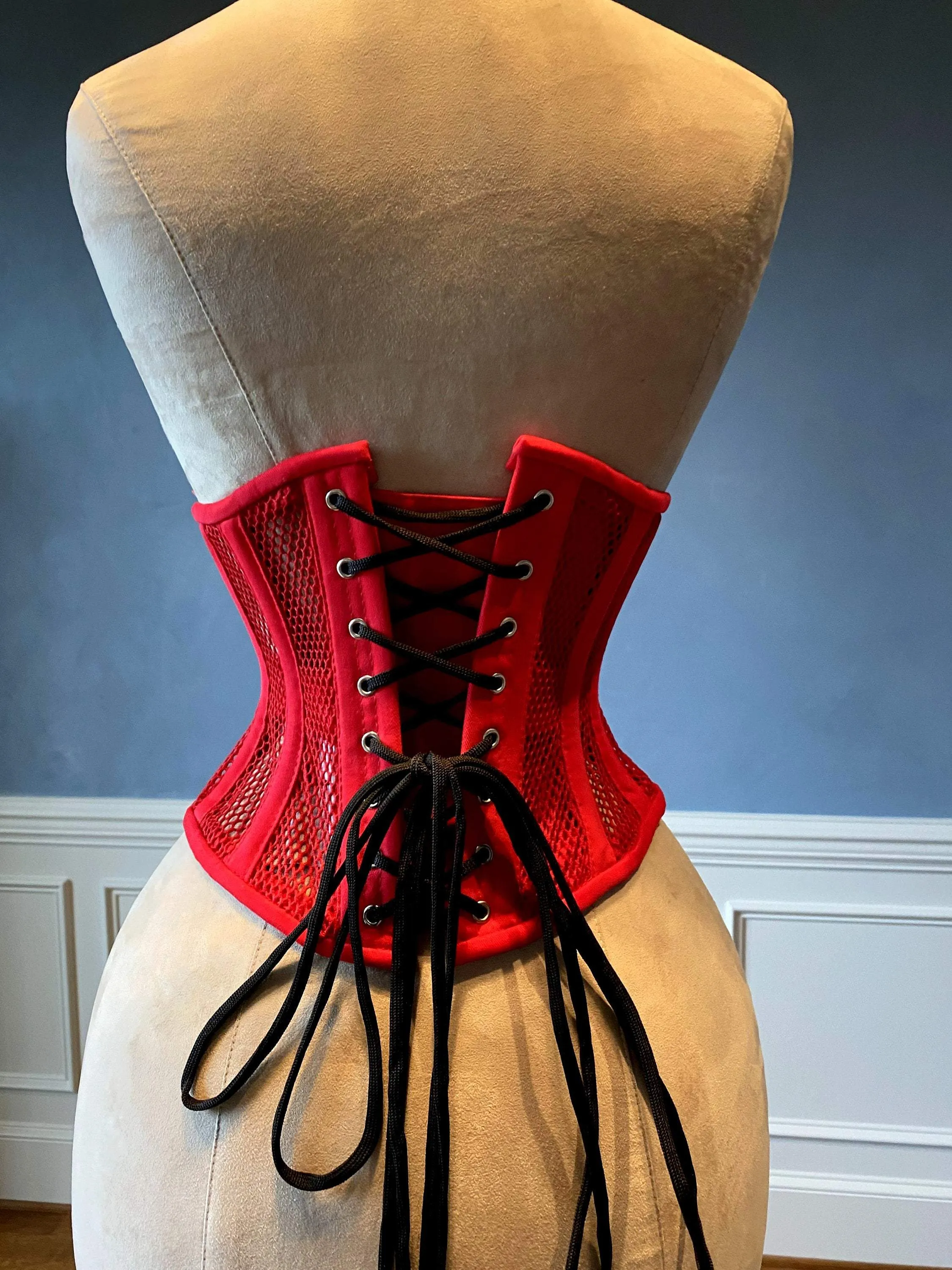 Real steel boned underbust underwear red corset from transparent mesh and cotton. Real waist training corset for tight lacing.