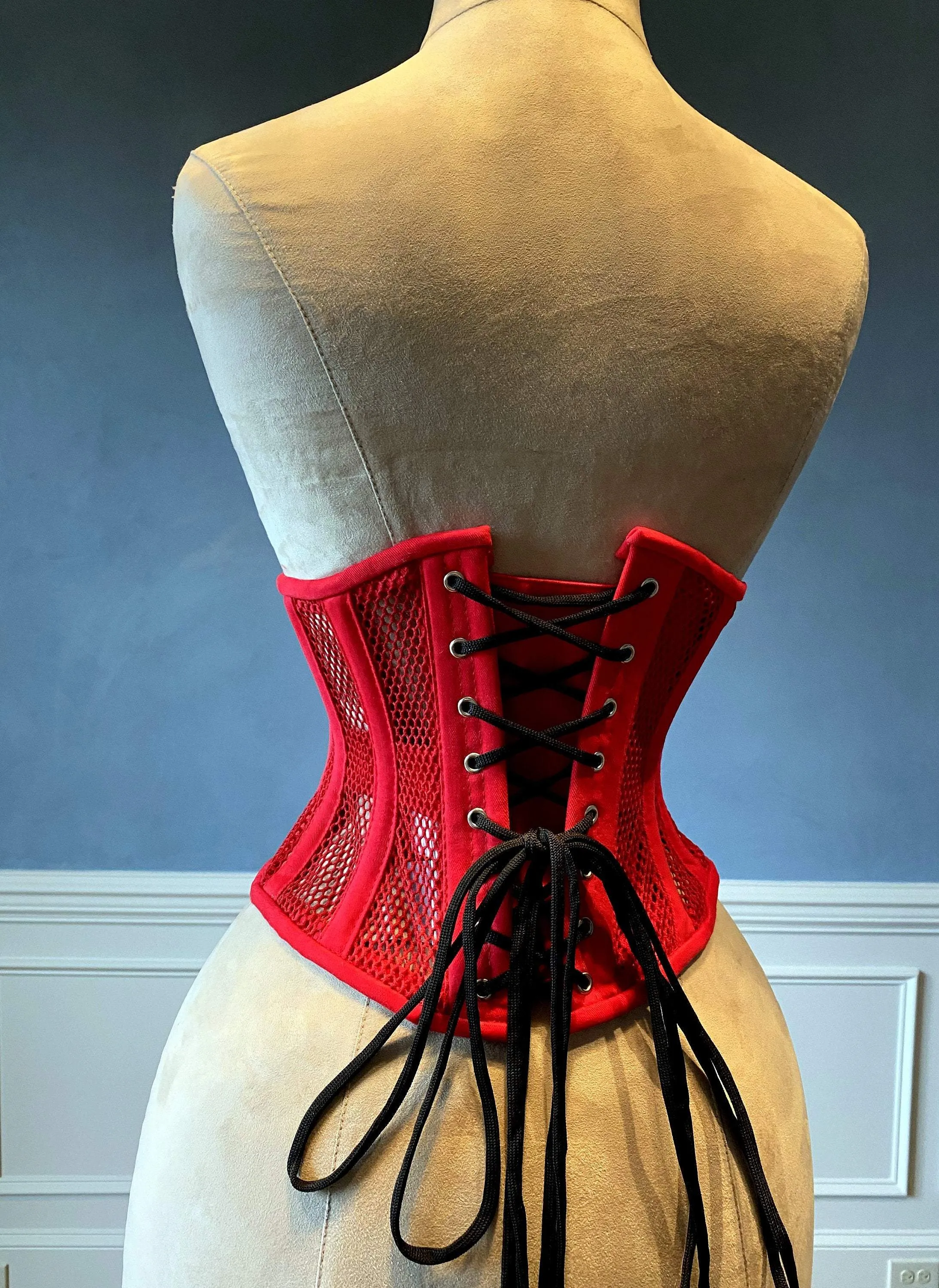 Real steel boned underbust underwear red corset from transparent mesh and cotton. Real waist training corset for tight lacing.