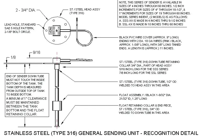 WEMA BY KUS SSS / SSL - Flange Mounted Fuel / Water Tank Sensor