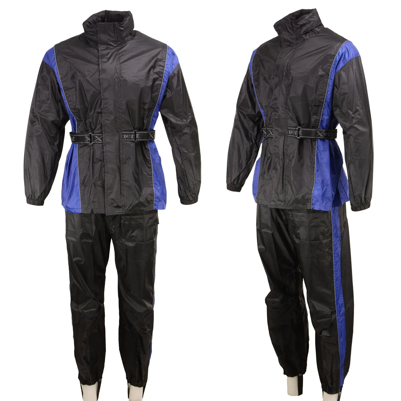 Xelement RN4768 Men's Black and Blue 2-Piece Motorcycle Rain Suit with Boot Strap