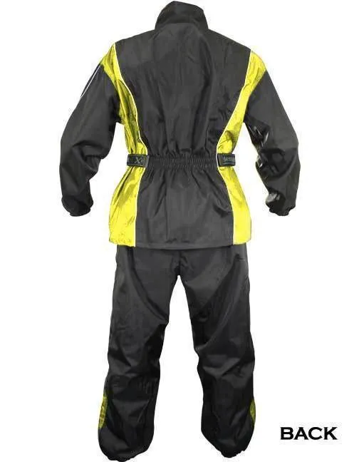 Xelement RN4782 Men's Black and Yellow 2-Piece Motorcycle Rain Suit with Boot Strap